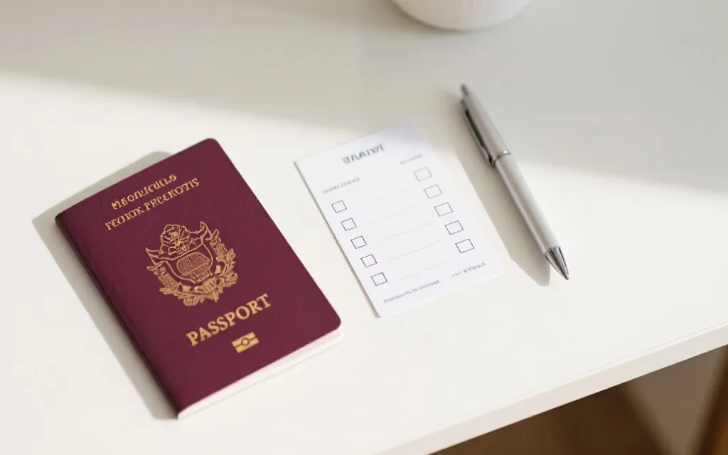 旅行者在桌面上摆放护照、行程单、清单与小卡片的扁平风构图