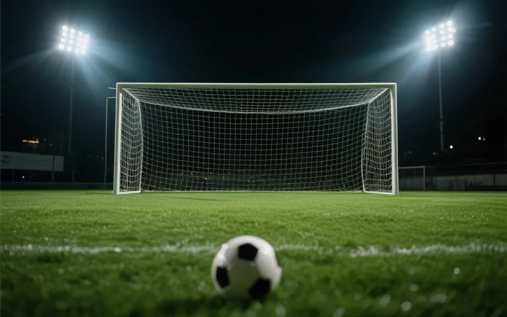 点球大战前球员站位与球门特写，紧张氛围，夜间球场灯光